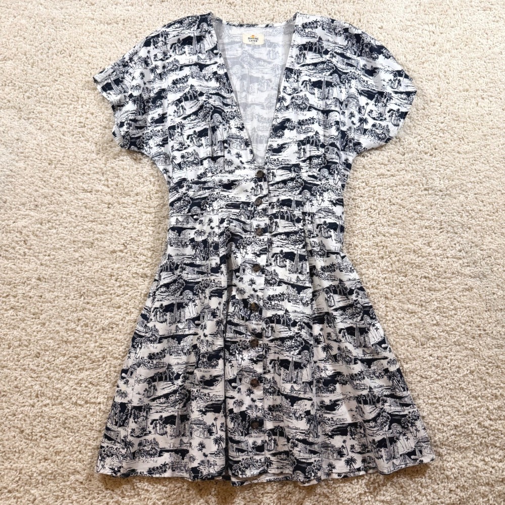 Marine Layer Summer Toile San Francisco Button Front Mini Dress‎ L Coastal